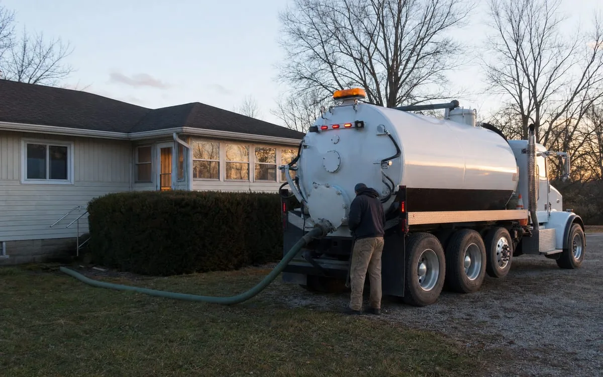 Vacuum truck pumping a septic tank beside a home at dusk, emergency septic service