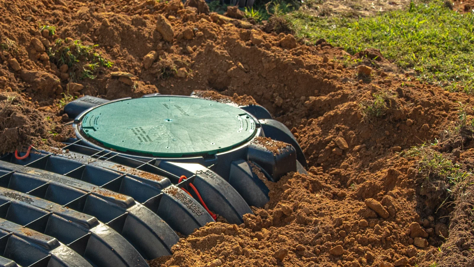 Green access lid on a plastic septic tank beside lateral line chambers, septic system installation