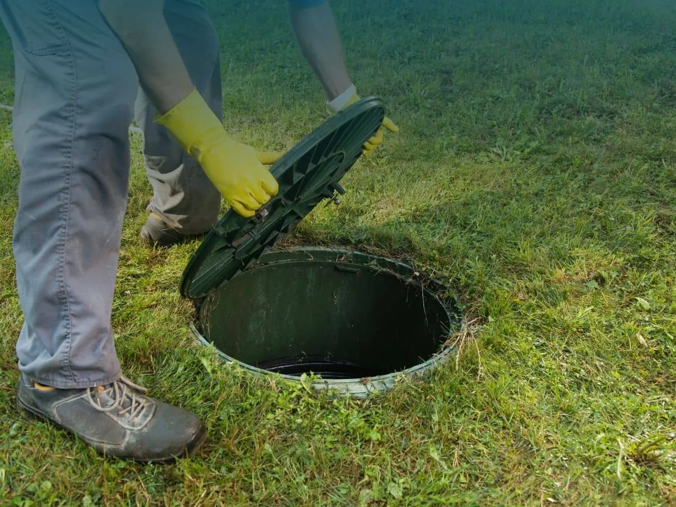 Gloved worker lifting a green riser lid off a septic tank in a lawn, septic inspections
