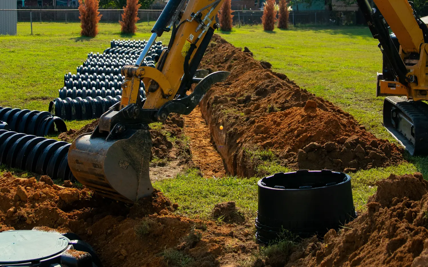 Excavator bucket at a fresh trench with lateral line chambers and a tank riser waiting on the lawn, septic system installation