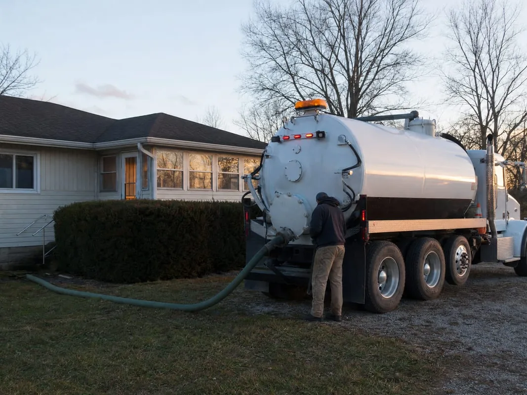 Vacuum truck with its hose run across a lawn to a septic tank beside a house, septic tank pumping