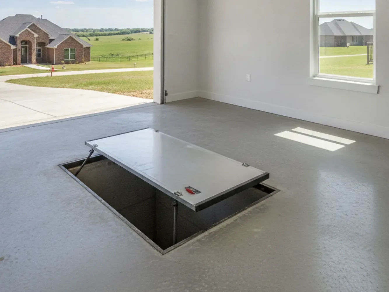 Garage floor storm shelter with its steel door open in a new garage, storm shelter installation