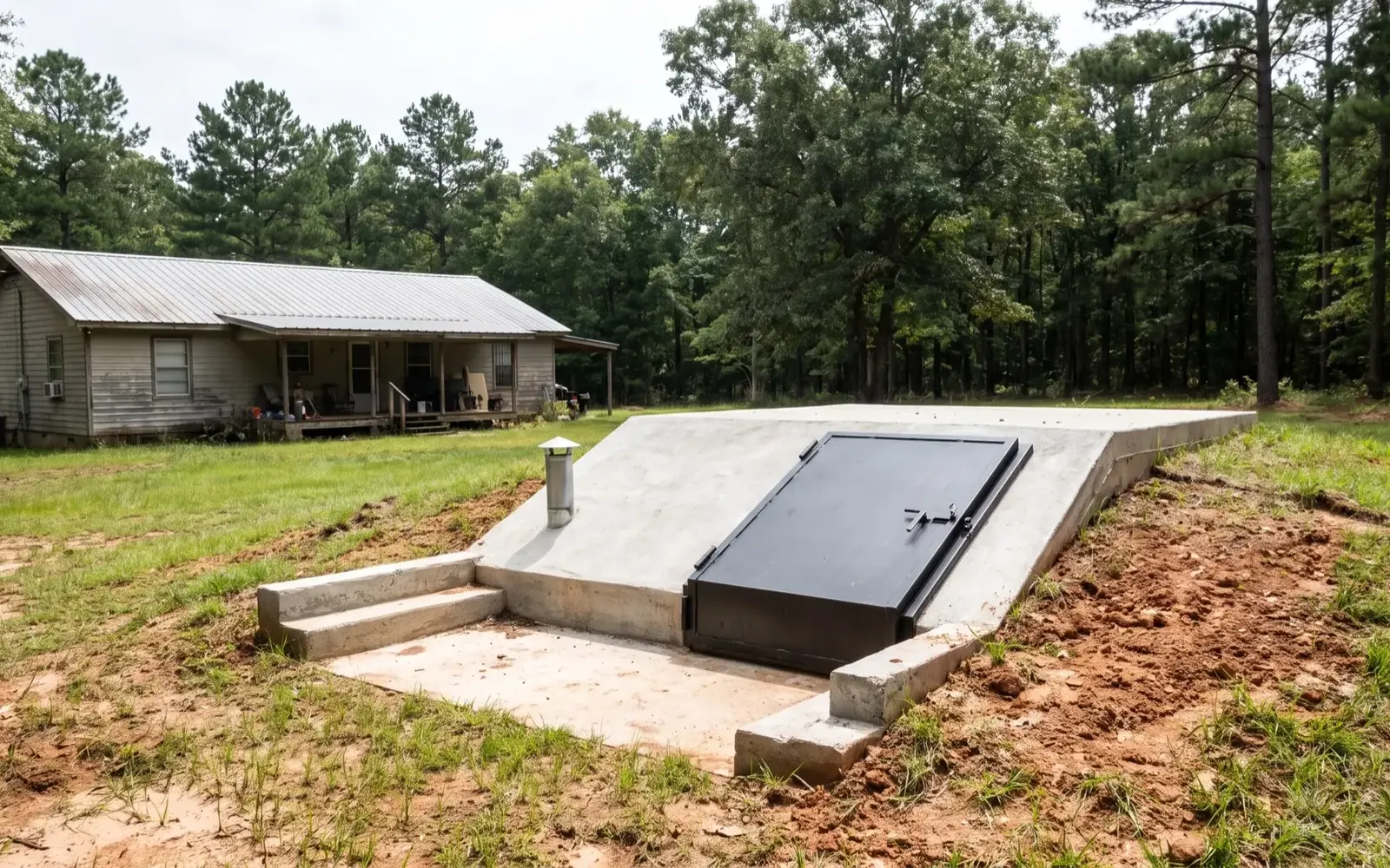 Finished in-ground concrete storm shelter with a sloped steel door, steps and a vent beside a house, storm shelters